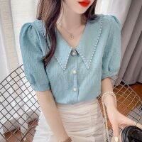 【hot】 Pan Collar Puff Sleeve Oversized Beading Blouse Female Clothing Commute Shirt