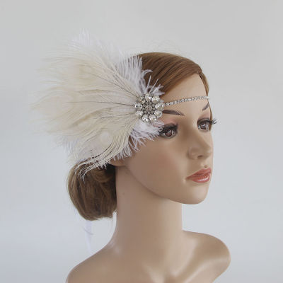 Vintage 1920 Flapper Girls Ballroom Latin Dance Party Headband Pea Feather Rhinestone Hair Band สำหรับผู้หญิง Girls