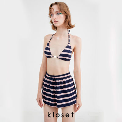 Kloset (KK22-SW010) stripes  halter bikini Set ชุดว่ายน้ำ บีกีนี่ ท่อนบนบีกีนี่-ท่อนล่างกางเกงขาสั้น ชุดว่ายน้ำผู้หญิง