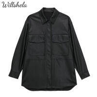 Willshela ผู้หญิงแฟชั่นสีดำ PU หนังเสื้อแจ็คเก็ตหญิง Chic Lady Casual Cool Vintage Tops เสื้อ Coat