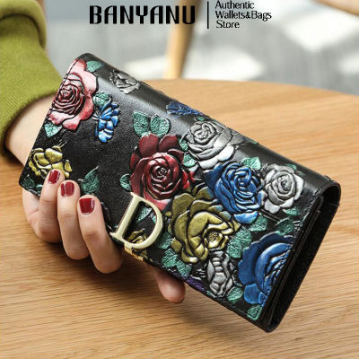 TOP☆BANYANU Rose Printed Cow Genuine Leather Wallet Women Long Wallet Credit Card Holder Lady Phone Wallets for Women