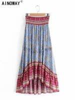 【CC】▬﹊ↂ  Hippie Floral Print Beach Skirt Waist Rayon Cotton Asymmrtrical Boho Skirts