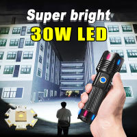 2023ซูเปอร์ที่มีประสิทธิภาพไฟฉาย LED 30วัตต์ USB ชาร์จไฟฉายพลังงานสูงแสงแฟลช26650ยิงยาวยุทธวิธีโคมไฟมือโคมไฟ