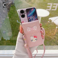 CSCR เคสโทรศัพท์หนังกระจกลายแมวน่ารักที่มองไม่เห็นสำหรับออปโป้ไฟนด์ N2ฝาพับพร้อมสายคล้องยาวเคสสำหรับค้นหาเคสป้องกันช่องเสียบบัตรลาย N2แบบฝาพับติดเพชร