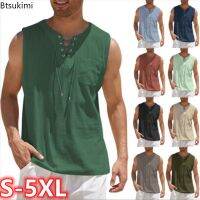 Sando เสื้อยืดกล้ามเนื้อสำหรับผู้ชาย4XL พลัสไซส์5XL ฝ้ายลินินเสื้อกล้ามผู้ชายคอวีมีเชือกผูกเสื้อแขนกุดเสื้อเชิ้ตลำลองฤดูร้อนเสื้อกั๊กออกกำลังกาย2023