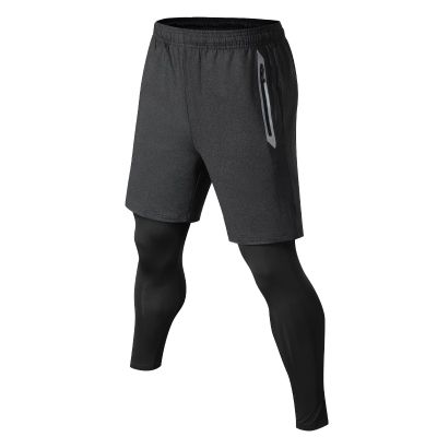 กางเกงกีฬา2 In 1สำหรับผู้ชายเลกกิ้งดำลองระบายอากาศได้สำหรับวิ่งกระเป๋าซิปกางเกงออกกำลังกายสองชั้น