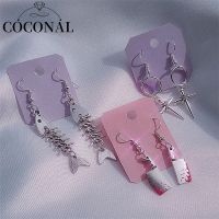 Punk Teenager Personality Gothic Stainless Steel Cross Fish Bones Simulation Blade Drop Earrings Female Piercing Jewelry Wholesa