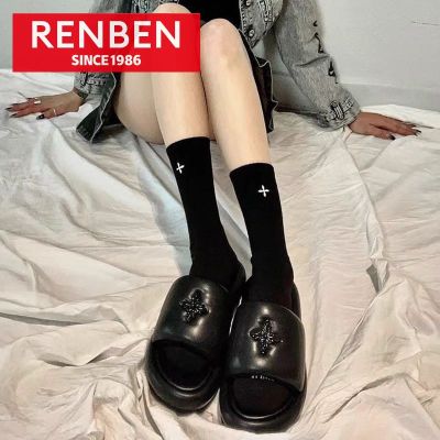 RENBEN รองเท้าแตะผู้หญิงแบบสวมผูกโบว์ปากตื้นรองเท้า Muller น่ารักพื้นรองเท้านุ่ม