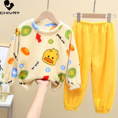 （Good baby store） New Autumn Winter Kids Boys Girls Warm Flannel Pajamas Sets Cartoon Long Sleeve O neck Tops with Pants Sleeping Clothing Set