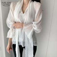 Elegant Polka Dots Flare Sleeve Chiffon Shirt Autumn New V-neck Bowknot Loose Ruffle White Blouse Fashion Hollow y Tops 17581