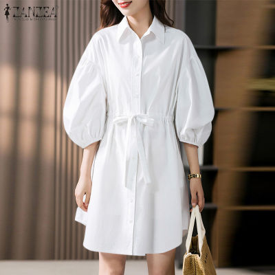 (สินค้ามาใหม่)(จัดส่งฟรี)Fancystyle ZANZEA เสื้อสไตล์เกาหลีของผู้หญิงเอวรูดแขนโคมปกชุดซันเดรส #11