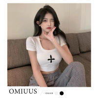 OMIUUS เสื้อโชว์ไหปลาร้าตัวยูสำหรับเวอร์ชันเกาหลีฤดูร้อน,เสื้อโชว์ไหปลาร้าสาวเผ็ดแขนสั้นพอดีตัว