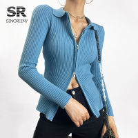 SINGREINY Autumn Zipper Knitted Sweater Women Turndown-Collar Long Sleeve Elastic Knitted Tops Winter Fashion Basic Sweaters