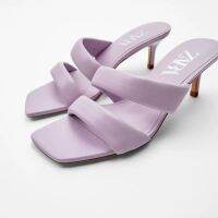 2023 ZARAˉSummer New Womens Shoes Purple Square Headed Quilted High Heel Sheepskin Sandals with Decoration