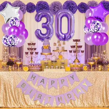 30th Birthday Purple Party Decorations Pack - Banner, Balloons & Swirls For 30th Birthday Party
