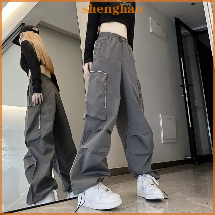 shenghao-กางเกงคาร์โก้ร่มชูชีพสีดำมีกระเป๋าโอเวอร์ไซส์ของผู้หญิงกางเกงขากว้างมีซิปสีดำสำหรับ-y2k