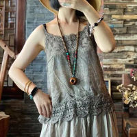 Johnature Women Embroidery Cotton Vest Solid Color Sleeveless Vintage Camisole 2021 Autumn Comfortable National Style Lace Vest