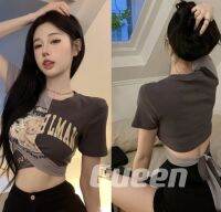 Gueen?พร้อมส่ง?เสื้อครอป แขนสั้นคอกลม ผูกเอวแบบY2K ลายแมว(978)