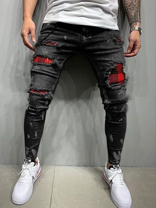 กางเกงยีนส์สตรีทแวร์2023-fesyen-lelubang-lutut-tang-กางเกงยีนส์ผ้ายีนส์ผ้ายืดกางเกงยีนส์ผ้ายูลายกางเกงจ็อกกิ้งเข้ารูปพอดี