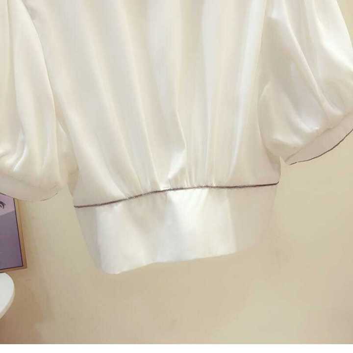 2023เสื้อผู้หญิงดีไซน์ใหม่สไตล์เกาหลีสีพื้นแขนโคมไฟลูกปัดเสื้อชีฟองขนาดใหญ่เสื้อสตรีฤดูร้อน