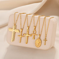 VIntage Christian Jesus Cross สร้อยคอจี้สำหรับผู้หญิงสแตนเลสทรงกลมสร้อยคอเหรียญ Choker Prayer Baptism ของขวัญ-ioec53 shop