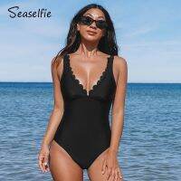 HOT★SEASELFIE Scalloped V-Neck One-Piece ชุดว่ายน้ำชุดว่ายน้ำสีดำเซ็กซี่สายรัดกว้าง Monokini ชุดว่ายน้ำ2023ชุดว่ายน้ำ Beachwear