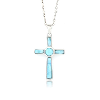 Crucifix Cross Religious Saint Plated Gold 925 Sterling Silver Dominica Larimar Pendant Necklace Natural Precious Jewelry Gifts