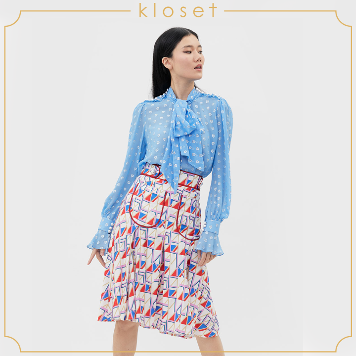 kloset-electric-print-skirt-aw20-s005-เสื้อผ้าแฟชั่น-เสื้อผ้าผู้หญิง-กระโปรงแฟชั่น-กระโปรงบาน-กระโปรงพิมพ์ลาย