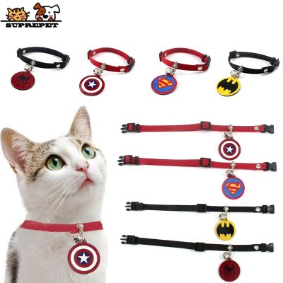 [HOT!] SUPREPET Cat Puppy Collar Nylon Black and White Adjustable Strap Collar With Bell and 4 Types Super Heros Tag