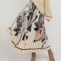 【CC】 Fashion Ink Printed Pleated Skirt Abstract Printing A-line Calf Drape Skirts