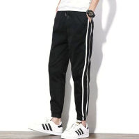 【S-5XL】New Style Plus Size Jogger Pants Men Korean Fashion Casual Black Trousers For Men Stripe Printed Slim Harem Sports Elastic Waist Drawstring Pants Mens Ankle Length Straight Sweatpants