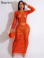 【YF】 Beyprern New Chic Mother Of Pearl Crochet Cover Up Dress For Women Summer Hollow Out Sequins Beach Vacation Outfits