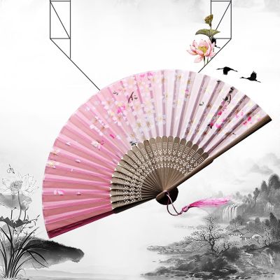 Chinese Silk Folding Fan With Tassel Summer Female Dance Hand Fan Portable Home Vintage Decor Craft Gift