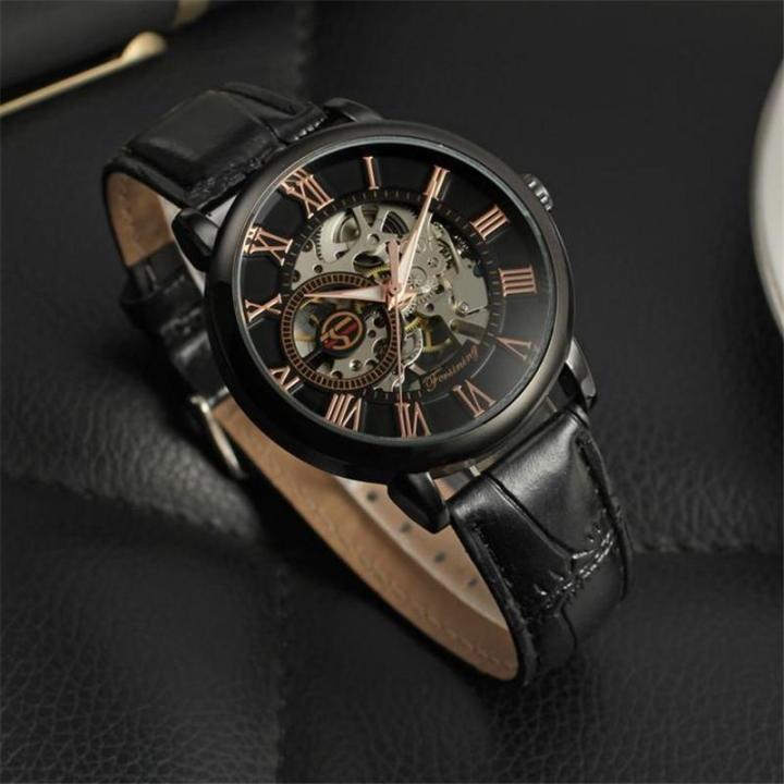 forxining-นาฬิกากลไกแท้ของผู้ชายกลวงสีดำนาฬิกาข้อมือผู้ชาย
