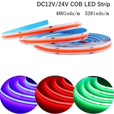 ไฟแถบ LED COB ความเข้มสูงมีความยืดหยุ่นสูงสูง FOB ซัง480/528Leds/M เทปไฟสีฟ้า/สีเขียว/สีแดง DC12V หรี่แสงเชิงเส้น/24V