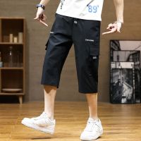 【Ready】? Cropped pants mens summer ultra-thin high school students loose ice silk overalls shorts six-point mens casual sports breeches