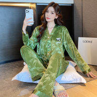 QSROCIO ชุดนอนสตรีชุดกำมะหยี่ Panda และไม้ไผ่รูปแบบชุดนอน Homewear V คอชุดนอนชุดนอน Femme ite