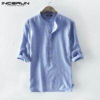 Incerun เสื้อเชิ้ต สีพื้น แขน 3 ส่วน ทรงหลวม สำหรับผู้ชาย