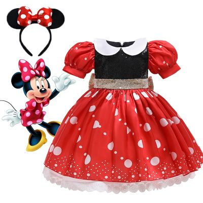 Kids Mickey Minnie Dress Girls Cosplay Cartoon Costume Summer Short Sleeve Polka Dot Puff Sleeve Princess Dress Children Clothi