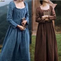 Women Medieval Victorian Retro Dress Square Collar Long Sleeves High Waist French Apparel Brown Blue Temperament Long Dress