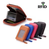 Genuine Leather Credit Card Holder Women RFID Blocking Purse Zipper Bank Card Wallet Men Business Card Case Window ID Holders Card Holders