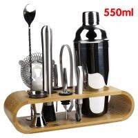 10 Pcs Cocktail Shaker Set Jigger Mixing Spoon Tong Barware Bartender Tools with Wood Storage Stand Bars Mixed Drinks