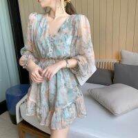 COD DSFERTEREERRE 2022 Spring Summer Lightly Mature Retro V-neck Floral Jumpsuit Women Elegant Collect Waist Puff Sleeve Chiffon Jumpsuit