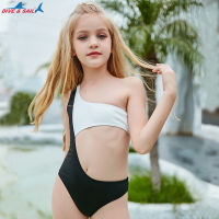 Children Summer Black White One Shoulder Bikini Swimsuit For Girls Kid Surfing Swimwear Beachwear Suits Diving Beach Tankini