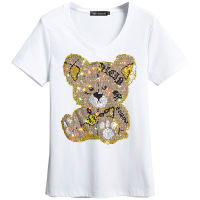 Womens T-shirts Harajuku Girls Plus Size Tops Letter Rhinestones O-neck Long Sleeves Loose Summer Tshirt Bear White Tees S-5XL