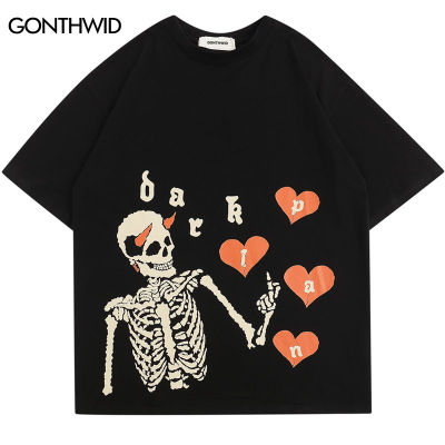 Hip Hop Tshirt Streetwear Devil Skull Skeleton พิมพ์ Punk Gothic Harajuku เสื้อยืดแขนสั้น T เสื้อแฟชั่นผ้าฝ้ายหลวม Tee