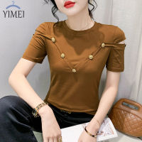 YIMEI เสื้อยืดผู้หญิงสวยๆสำหรับ2023ฤดูร้อน,เสื้อยืดคอกลมแขนสั้นคอกลมเสื้อยืดผ้าฝ้ายดีไซน์ให้สัมผัสดูดีมีกระดุมประดับเปิดไหล่