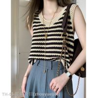 ♟ Striped Knitted Camisole Vest Womens Summer Outer Wear Loose French Style Hooked Base Sleeveless T-shirt Top