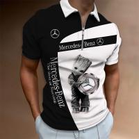 เสื้อยืด Mercedes Audi มีซิปพิมพ์ลายโลโก้รถเสื้อโปโลผู้ชายเสื้อปกแขนสั้น3D