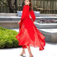 กระโปรงชายหาดสำหรับสุภาพสตรี Red bohemian long-sleeved chiffon super long dress with hood and ankle dress womens big swing beach skirt seaside vacation